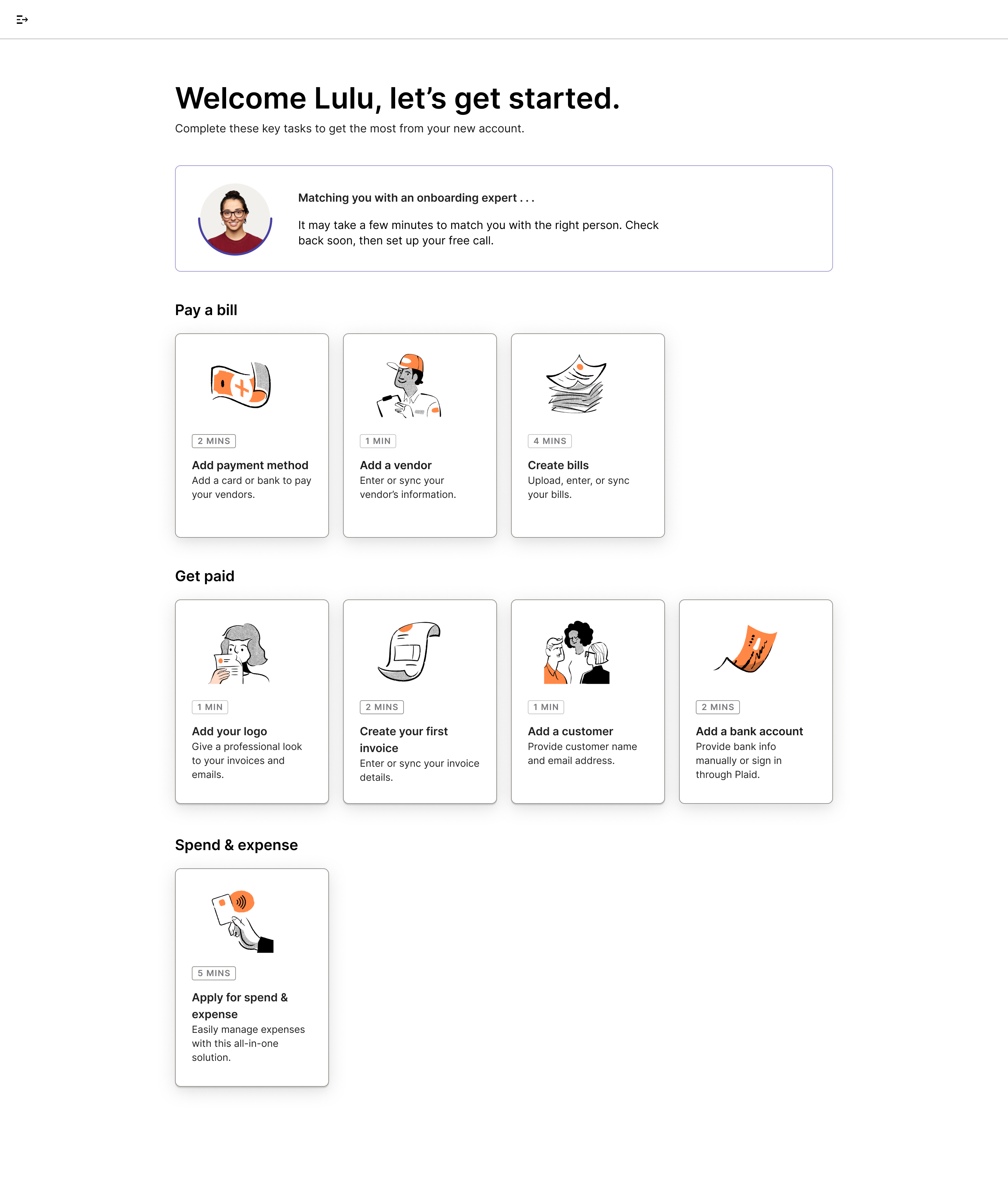 Matching in progress: the Get Started page showing that a representative is being matched, before routing completes.